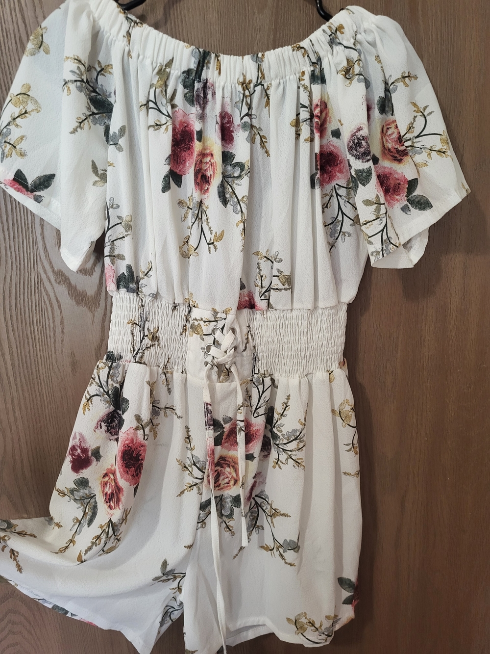 White Floral Off-Shoulder Romper with Smocked Waist